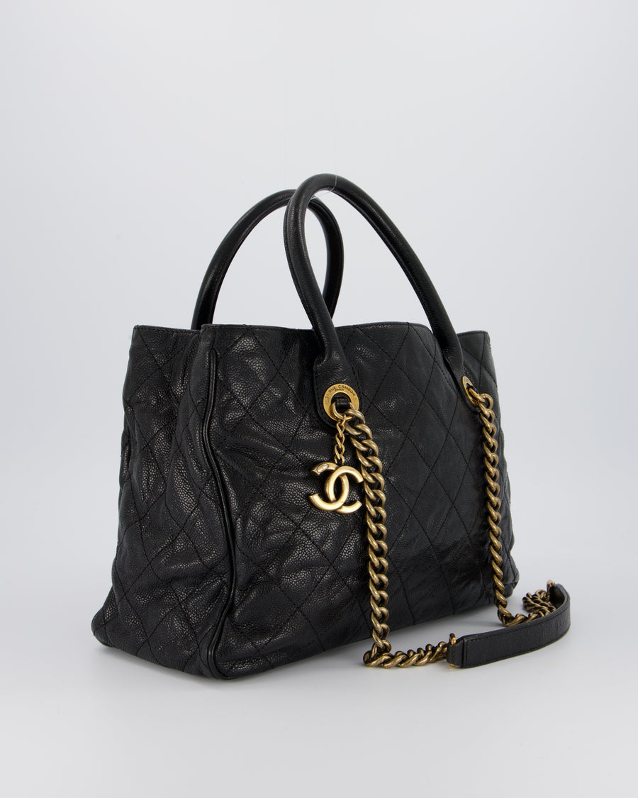 Chanel Shiva Tote Black Quilted Shiny Caviar Leather Aged Gold Hardware
