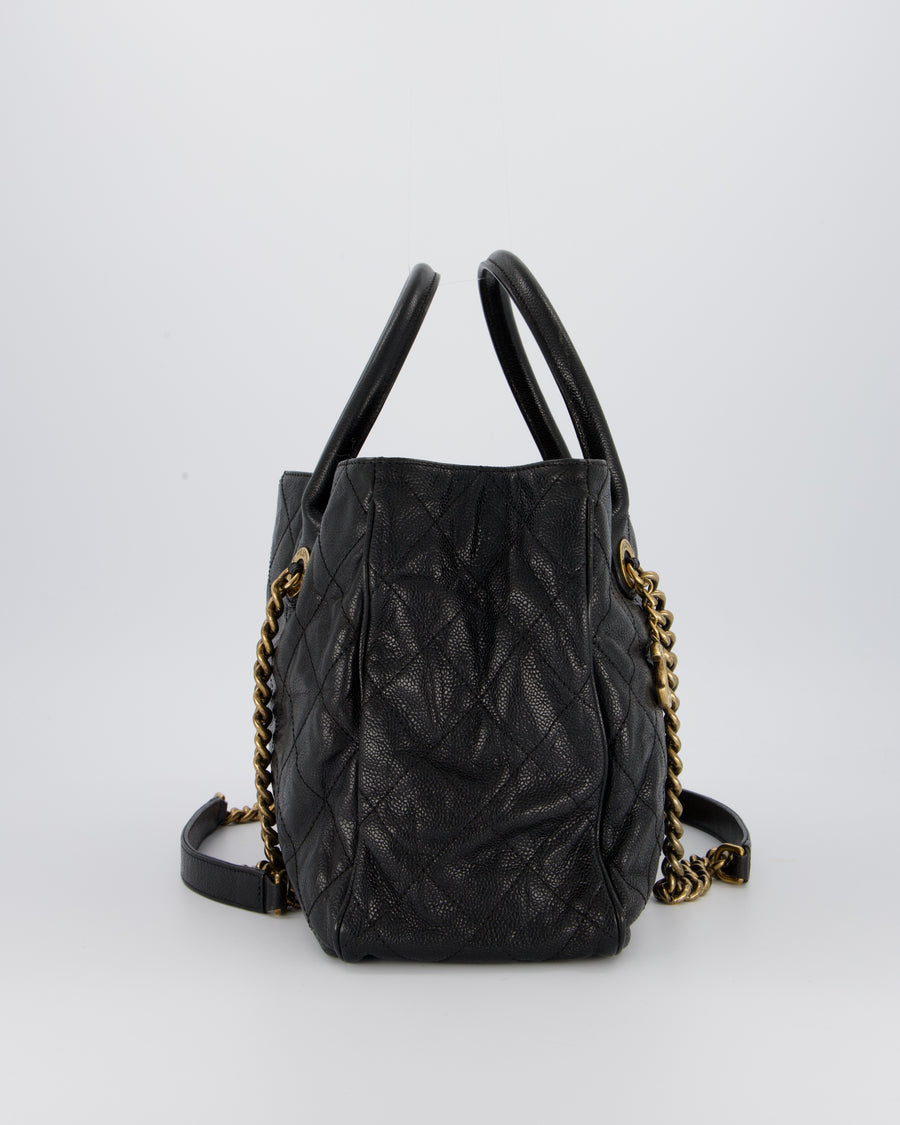 Chanel Shiva Tote Black Quilted Shiny Caviar Leather Aged Gold Hardware