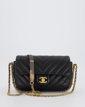 Chanel Black Mini Classic Flap Chevron Bag with Chain Around Detail and Brushed Gold Hardware