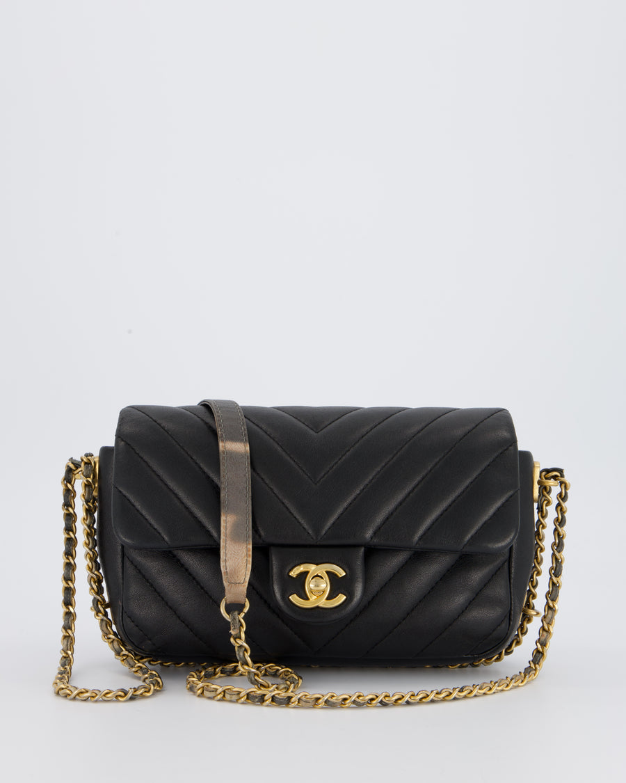 Chanel Black Mini Classic Flap Chevron Bag with Chain Around Detail and Brushed Gold Hardware