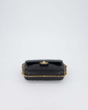 Chanel Black Mini Classic Flap Chevron Bag with Chain Around Detail and Brushed Gold Hardware
