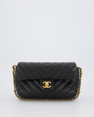 Chanel Black Mini Classic Flap Chevron Bag with Chain Around Detail and Brushed Gold Hardware