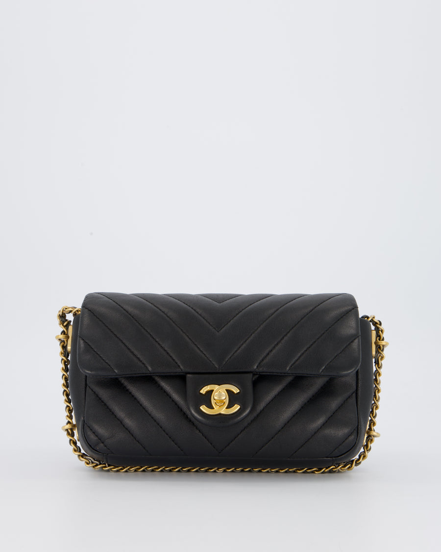 Chanel Black Mini Classic Flap Chevron Bag with Chain Around Detail and Brushed Gold Hardware