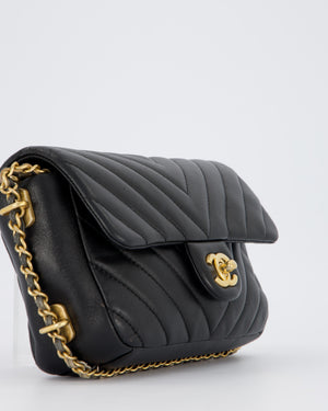 Chanel Black Mini Classic Flap Chevron Bag with Chain Around Detail and Brushed Gold Hardware