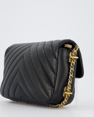 Chanel Black Mini Classic Flap Chevron Bag with Chain Around Detail and Brushed Gold Hardware