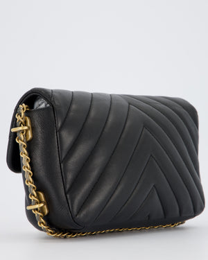 Chanel Black Mini Classic Flap Chevron Bag with Chain Around Detail and Brushed Gold Hardware