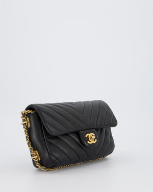 Chanel Black Mini Classic Flap Chevron Bag with Chain Around Detail and Brushed Gold Hardware