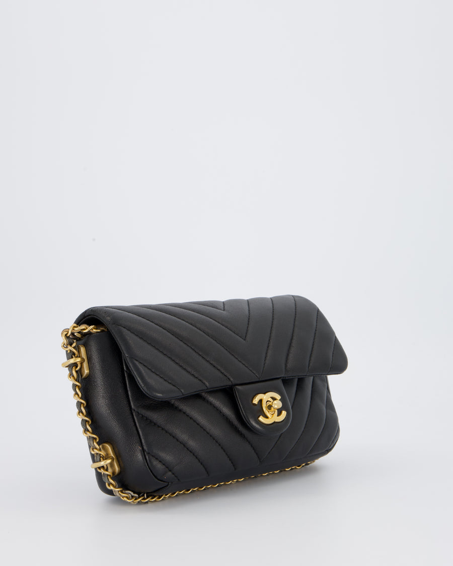 Chanel Black Mini Classic Flap Chevron Bag with Chain Around Detail and Brushed Gold Hardware