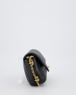 Chanel Black Mini Classic Flap Chevron Bag with Chain Around Detail and Brushed Gold Hardware