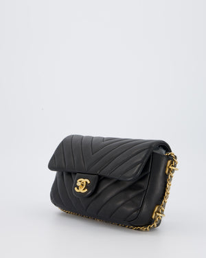Chanel Black Mini Classic Flap Chevron Bag with Chain Around Detail and Brushed Gold Hardware