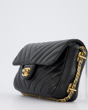 Chanel Black Mini Classic Flap Chevron Bag with Chain Around Detail and Brushed Gold Hardware