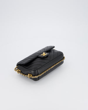 Chanel Black Mini Classic Flap Chevron Bag with Chain Around Detail and Brushed Gold Hardware