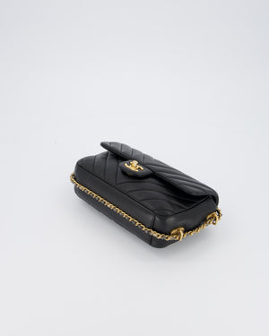 Chanel Black Mini Classic Flap Chevron Bag with Chain Around Detail and Brushed Gold Hardware