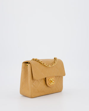 Chanel Beige Vintage Mini Square Single Flap Bag In Lambskin Leather With 24K Gold Hardware