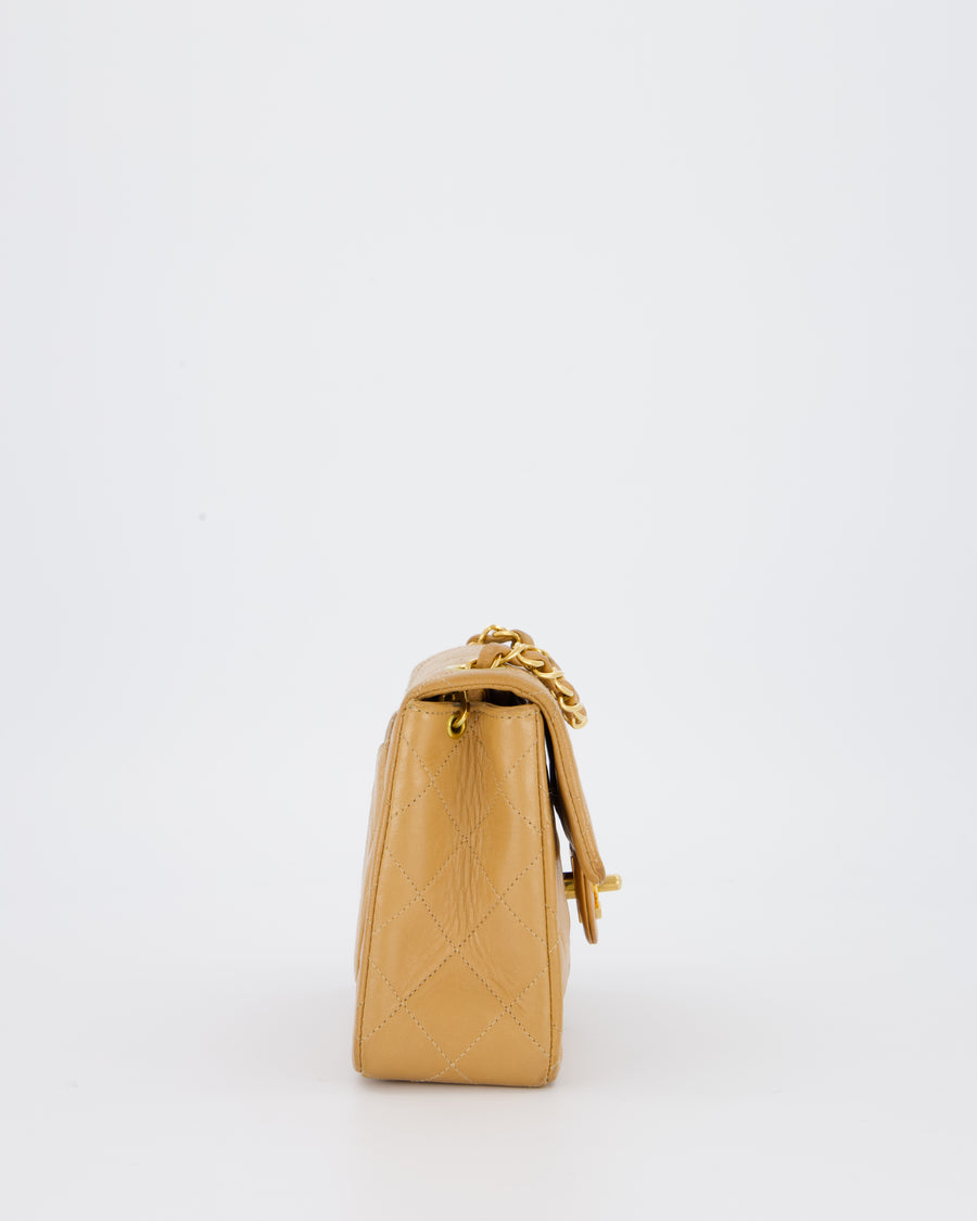 Chanel Beige Vintage Mini Square Single Flap Bag In Lambskin Leather With 24K Gold Hardware