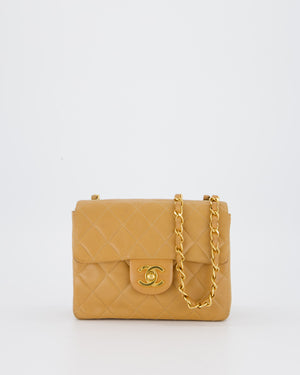 Chanel Beige Vintage Mini Square Single Flap Bag In Lambskin Leather With 24K Gold Hardware