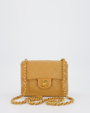 Chanel Beige Vintage Mini Square Single Flap Bag In Lambskin Leather With 24K Gold Hardware
