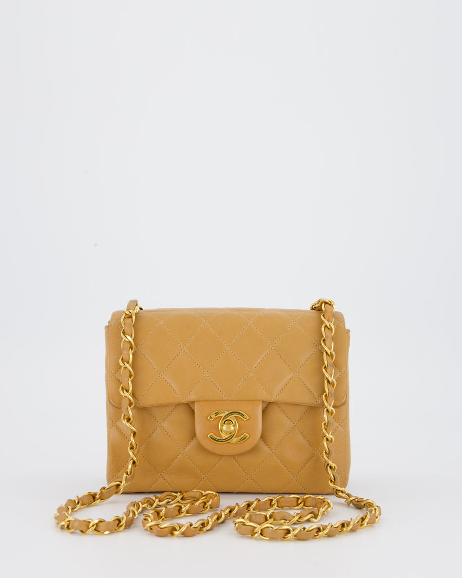 Chanel Beige Vintage Mini Square Single Flap Bag In Lambskin Leather With 24K Gold Hardware