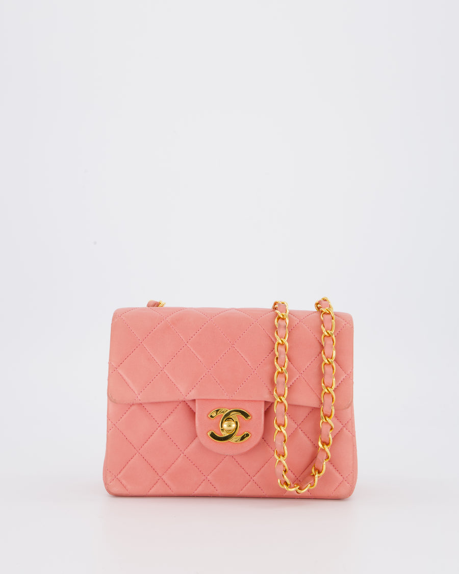 Chanel Pink Vintage Mini Square Single Flap Bag In Lambskin Leather With 24K Gold Hardware