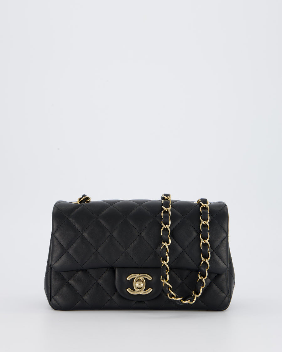 Chanel Black Mini Rectangular Flap Bag in Lambskin Leather with Champagne Gold Hardware