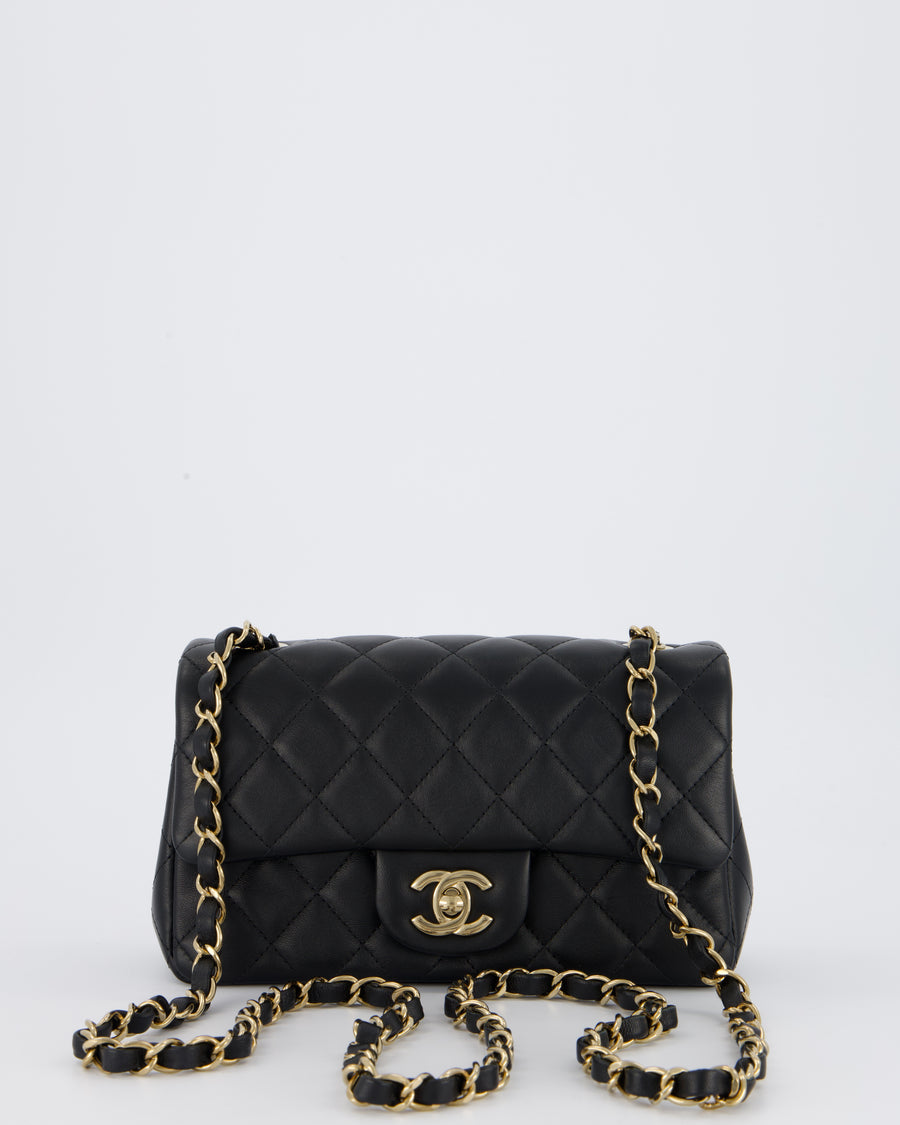 Chanel Black Mini Rectangular Flap Bag in Lambskin Leather with Champagne Gold Hardware
