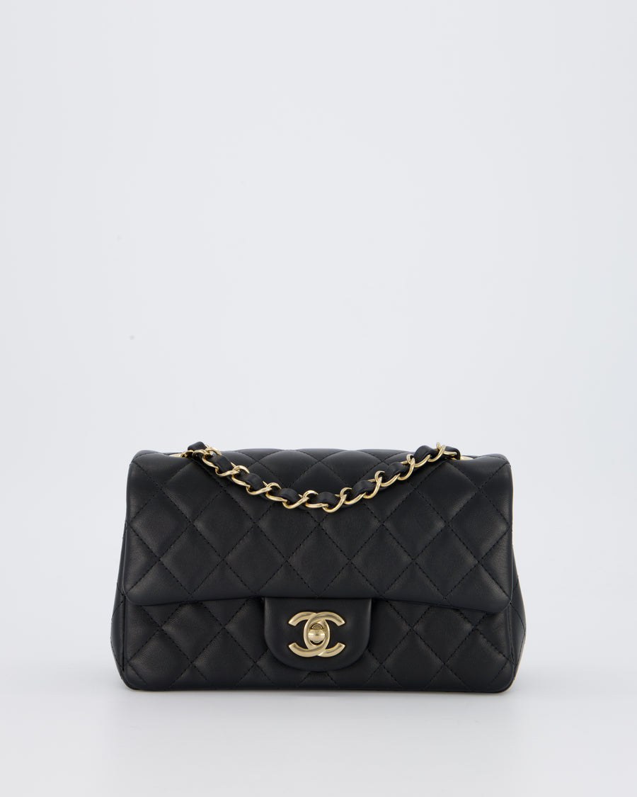 Chanel Black Mini Rectangular Flap Bag in Lambskin Leather with Champagne Gold Hardware