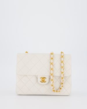 Chanel White Vintage Single Flap Square Bag In Lambskin Leather With 24K Gold Hardware