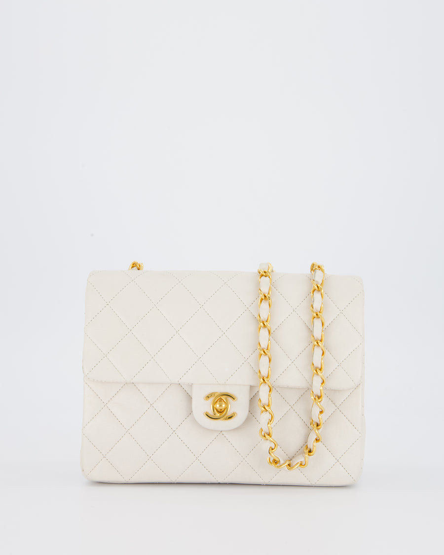 Chanel White Vintage Single Flap Square Bag In Lambskin Leather With 24K Gold Hardware