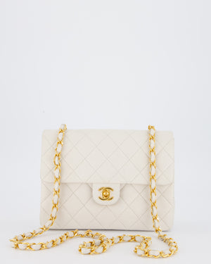 Chanel White Vintage Single Flap Square Bag In Lambskin Leather With 24K Gold Hardware