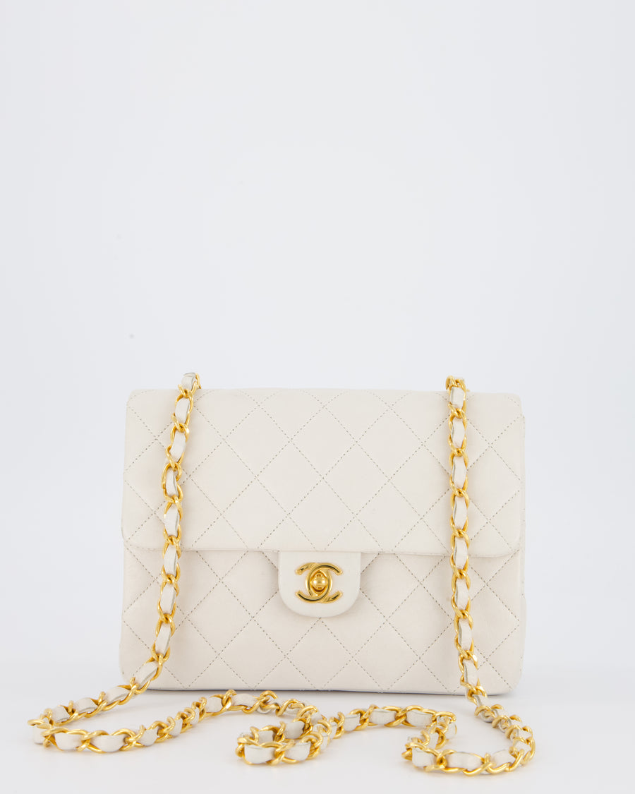 Chanel White Vintage Single Flap Square Bag In Lambskin Leather With 24K Gold Hardware