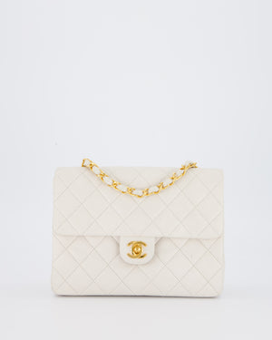 Chanel White Vintage Single Flap Square Bag In Lambskin Leather With 24K Gold Hardware
