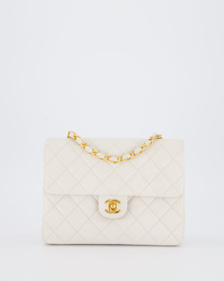 Chanel White Vintage Single Flap Square Bag In Lambskin Leather With 24K Gold Hardware