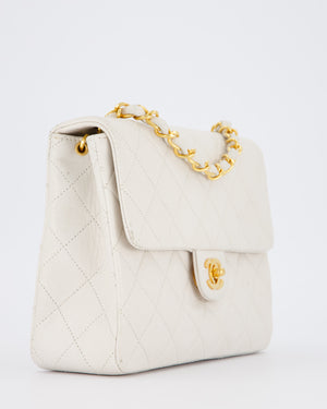 Chanel White Vintage Single Flap Square Bag In Lambskin Leather With 24K Gold Hardware