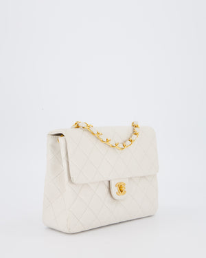 Chanel White Vintage Single Flap Square Bag In Lambskin Leather With 24K Gold Hardware
