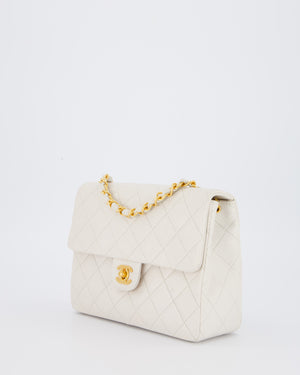 Chanel White Vintage Single Flap Square Bag In Lambskin Leather With 24K Gold Hardware