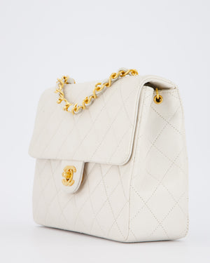 Chanel White Vintage Single Flap Square Bag In Lambskin Leather With 24K Gold Hardware