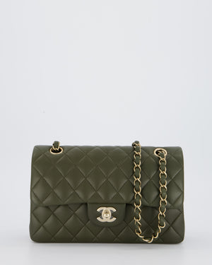 Chanel Olive Green Small Classic Double Flap Bag in Lambskin Leather with Champagne Gold Hardware