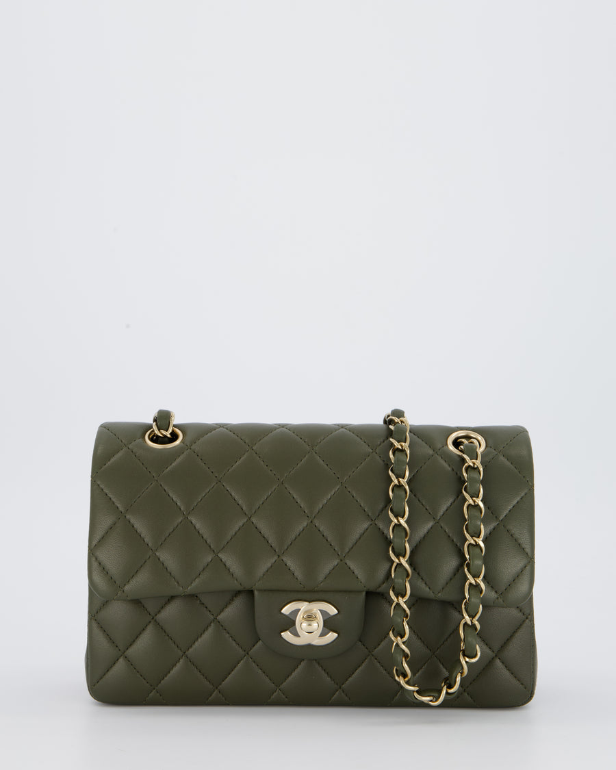 Chanel Olive Green Small Classic Double Flap Bag in Lambskin Leather with Champagne Gold Hardware