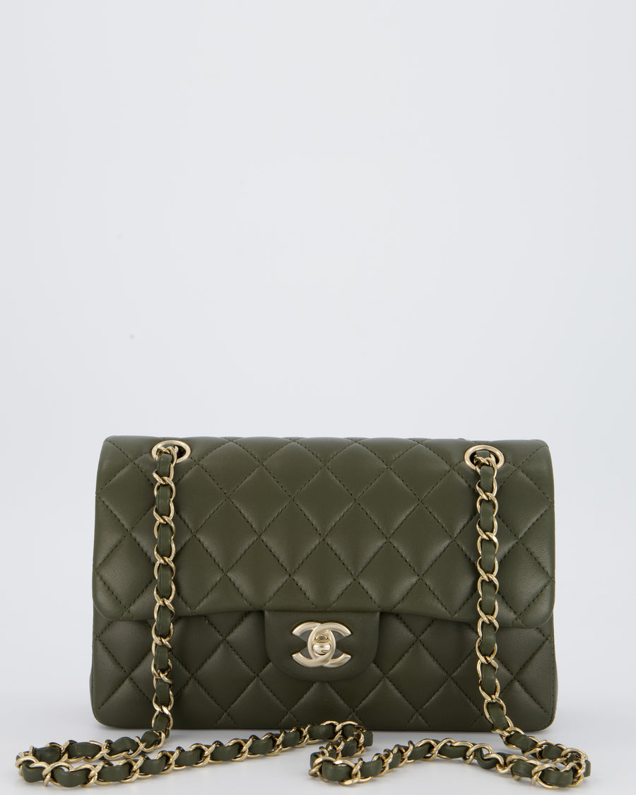 Chanel Olive Green Small Classic Double Flap Bag in Lambskin Leather with Champagne Gold Hardware