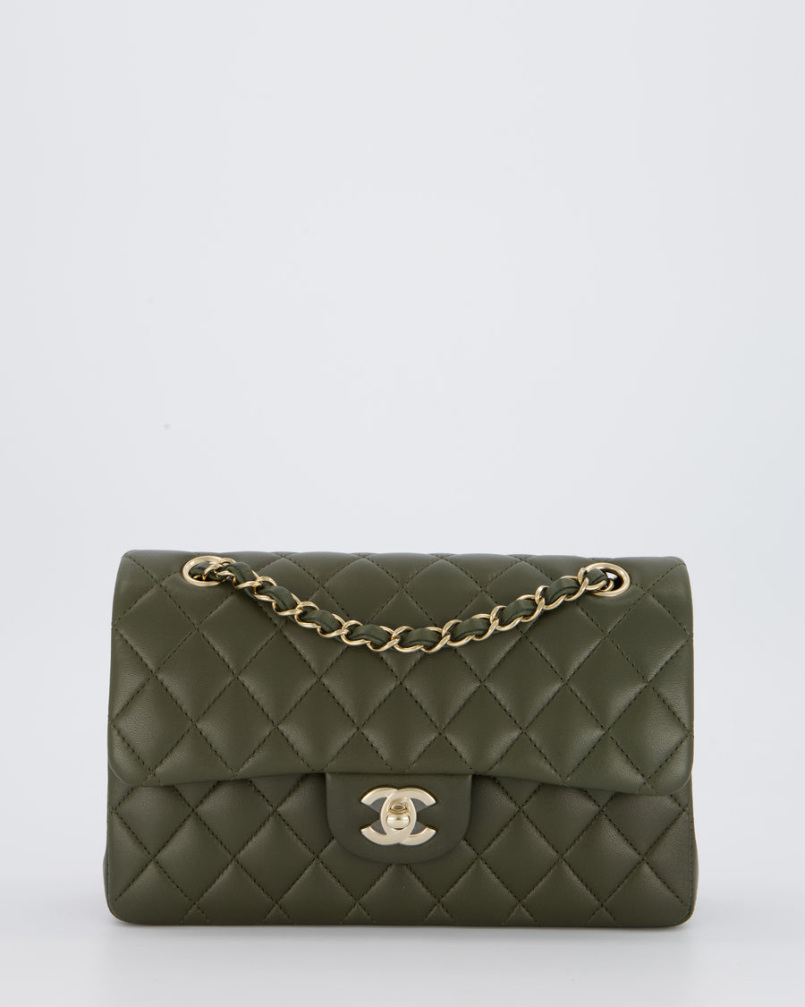 Chanel Olive Green Small Classic Double Flap Bag in Lambskin Leather with Champagne Gold Hardware