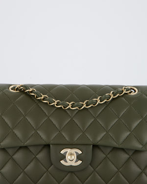 Chanel Olive Green Small Classic Double Flap Bag in Lambskin Leather with Champagne Gold Hardware