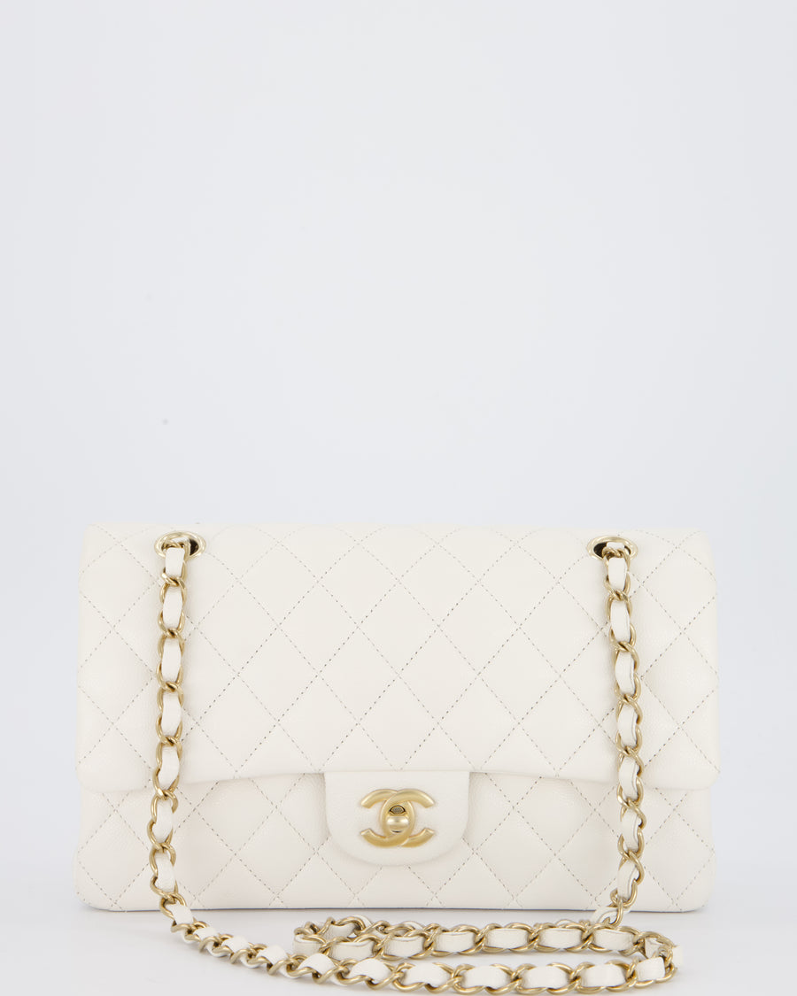 Chanel White Medium Classic Double Flap Bag in Caviar Leather with Champagne Gold Hardware