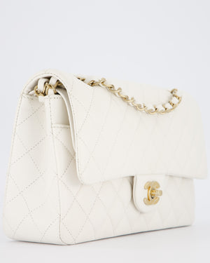 Chanel White Medium Classic Double Flap Bag in Caviar Leather with Champagne Gold Hardware