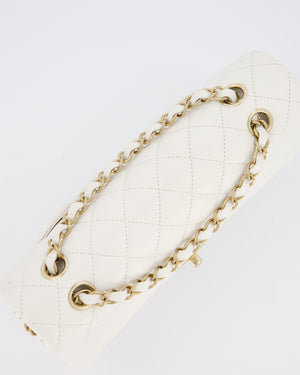 Chanel White Medium Classic Double Flap Bag in Caviar Leather with Champagne Gold Hardware