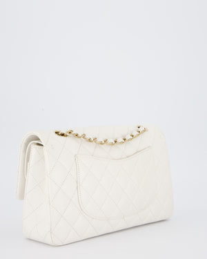 Chanel White Medium Classic Double Flap Bag in Caviar Leather with Champagne Gold Hardware