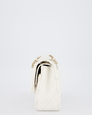 Chanel White Medium Classic Double Flap Bag in Caviar Leather with Champagne Gold Hardware