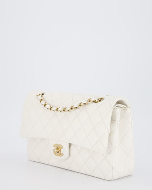 Chanel White Medium Classic Double Flap Bag in Caviar Leather with Champagne Gold Hardware