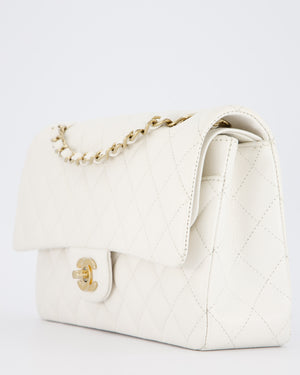Chanel White Medium Classic Double Flap Bag in Caviar Leather with Champagne Gold Hardware