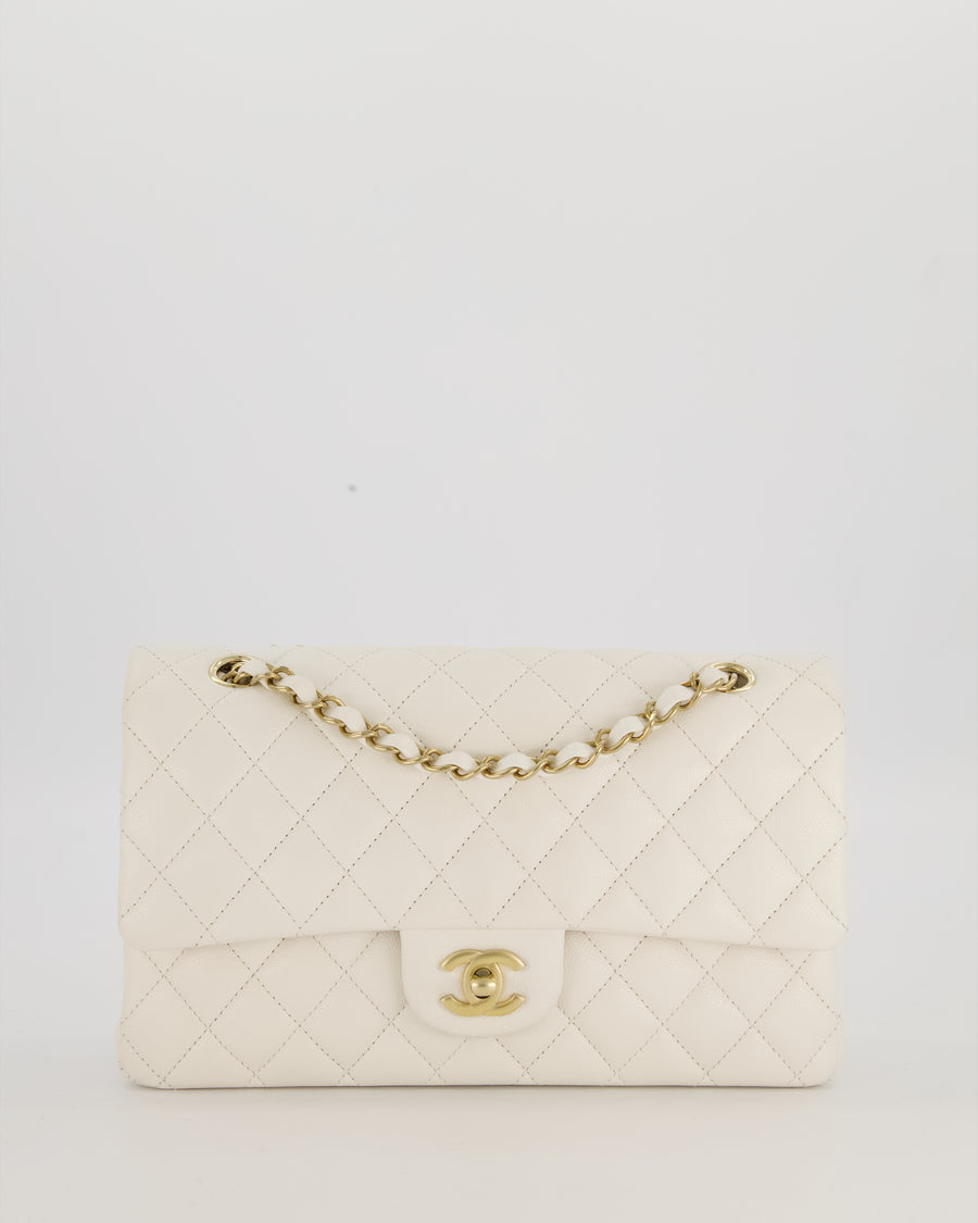 Chanel White Medium Classic Double Flap Bag in Caviar Leather with Champagne Gold Hardware