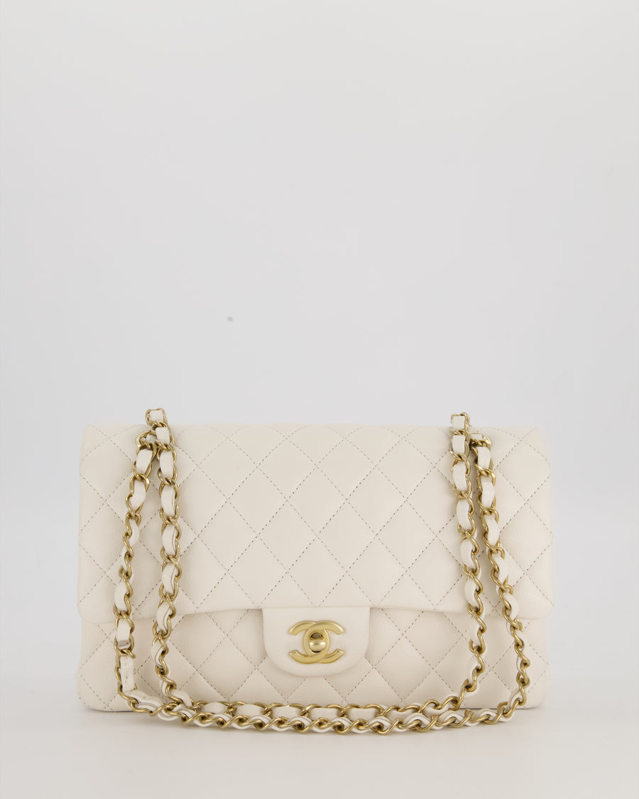 Chanel White Medium Classic Double Flap Bag in Caviar Leather with Champagne Gold Hardware